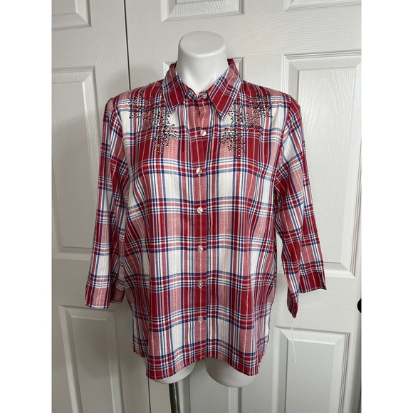 Alfred Dunner Women's Red Plaid 3/4 Sleeve Button Front Top Floral Beading 14P - Picture 1 of 10